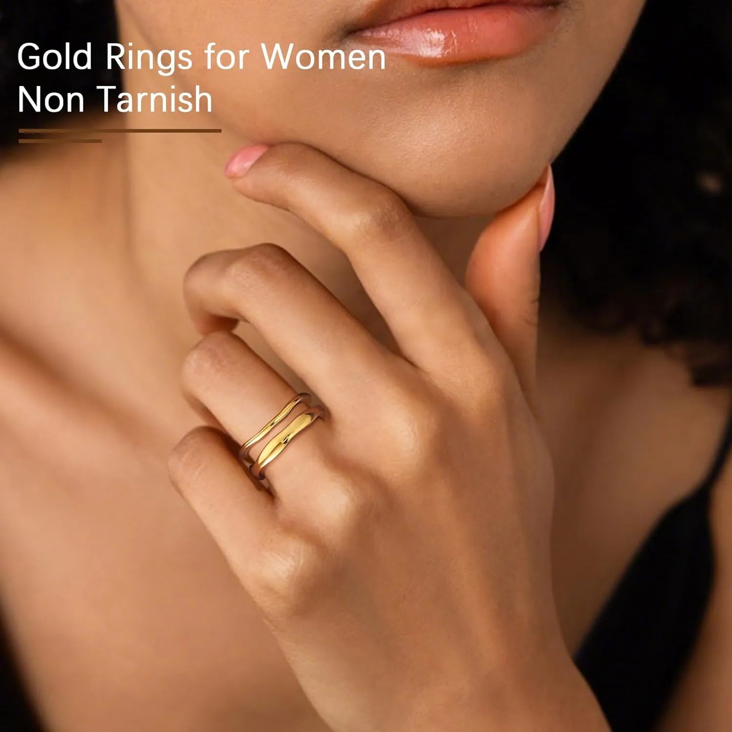 Gold Rings for Women Non Tarnish 14K Gold Plated Stackable Ring Set Simple Trendy Wave Rings Birthday Gifts for Mom Waterproof Gold Jewelry Size 5-9
