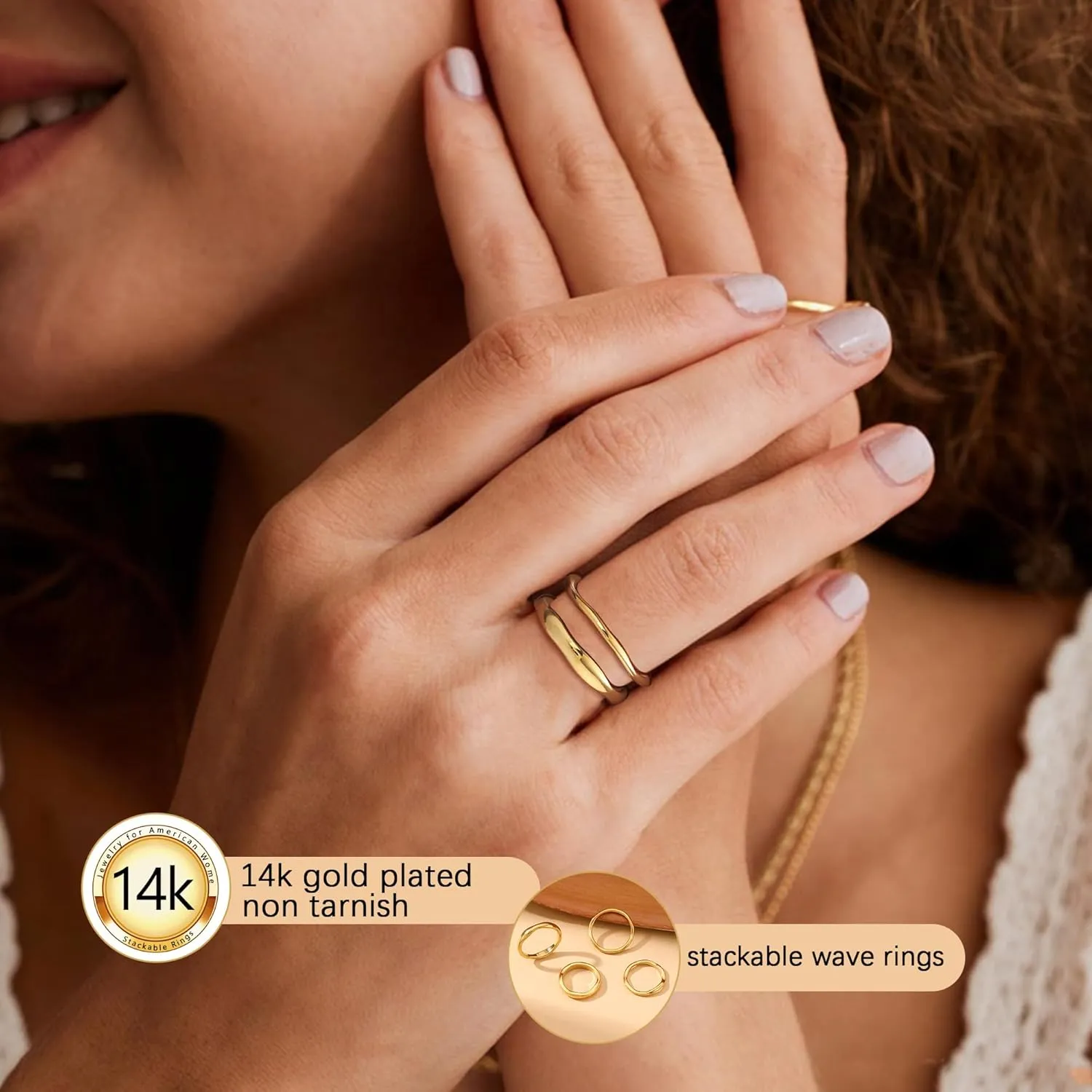 Gold Rings for Women Non Tarnish 14K Gold Plated Stackable Ring Set Simple Trendy Wave Rings Birthday Gifts for Mom Waterproof Gold Jewelry Size 5-9