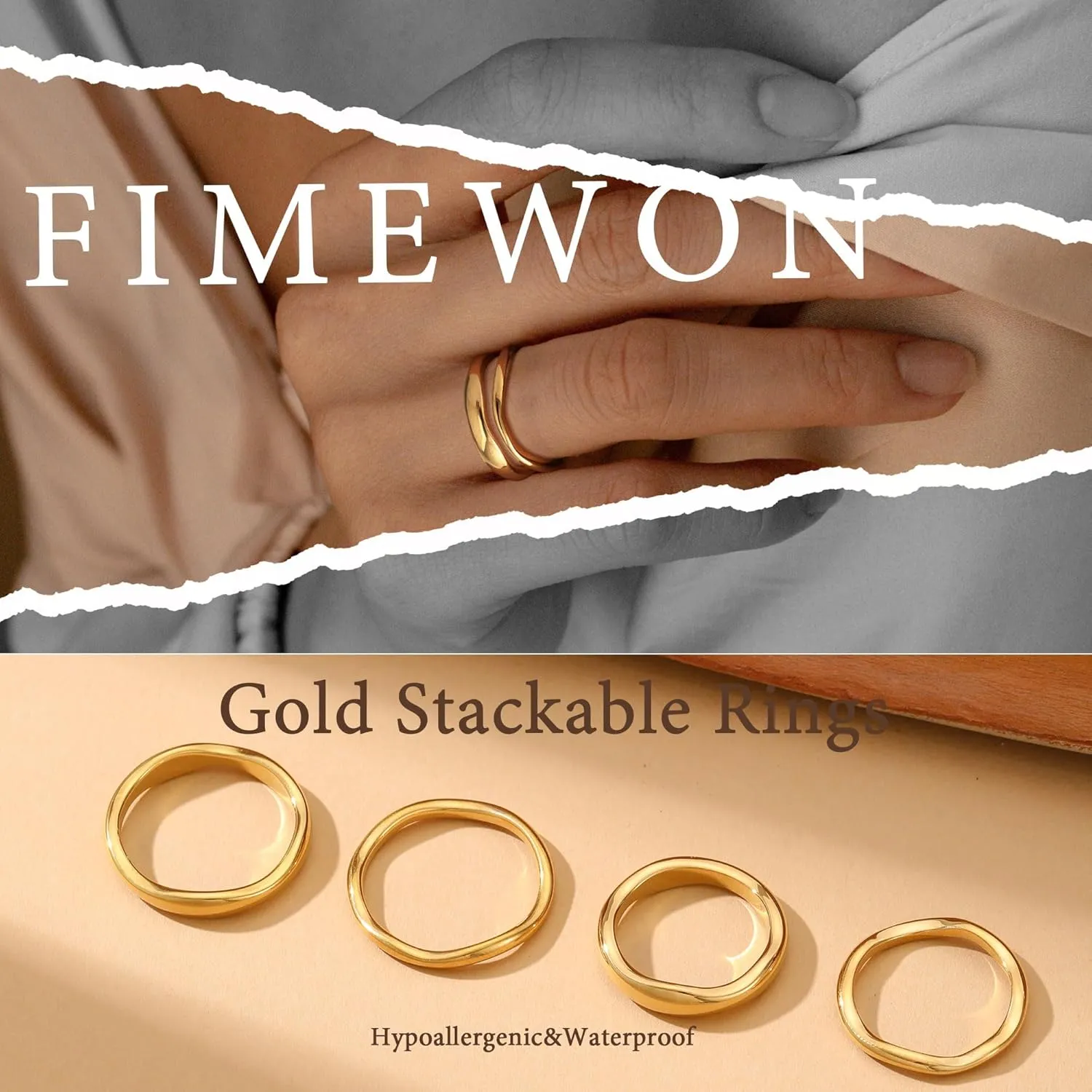 Gold Rings for Women Non Tarnish 14K Gold Plated Stackable Ring Set Simple Trendy Wave Rings Birthday Gifts for Mom Waterproof Gold Jewelry Size 5-9