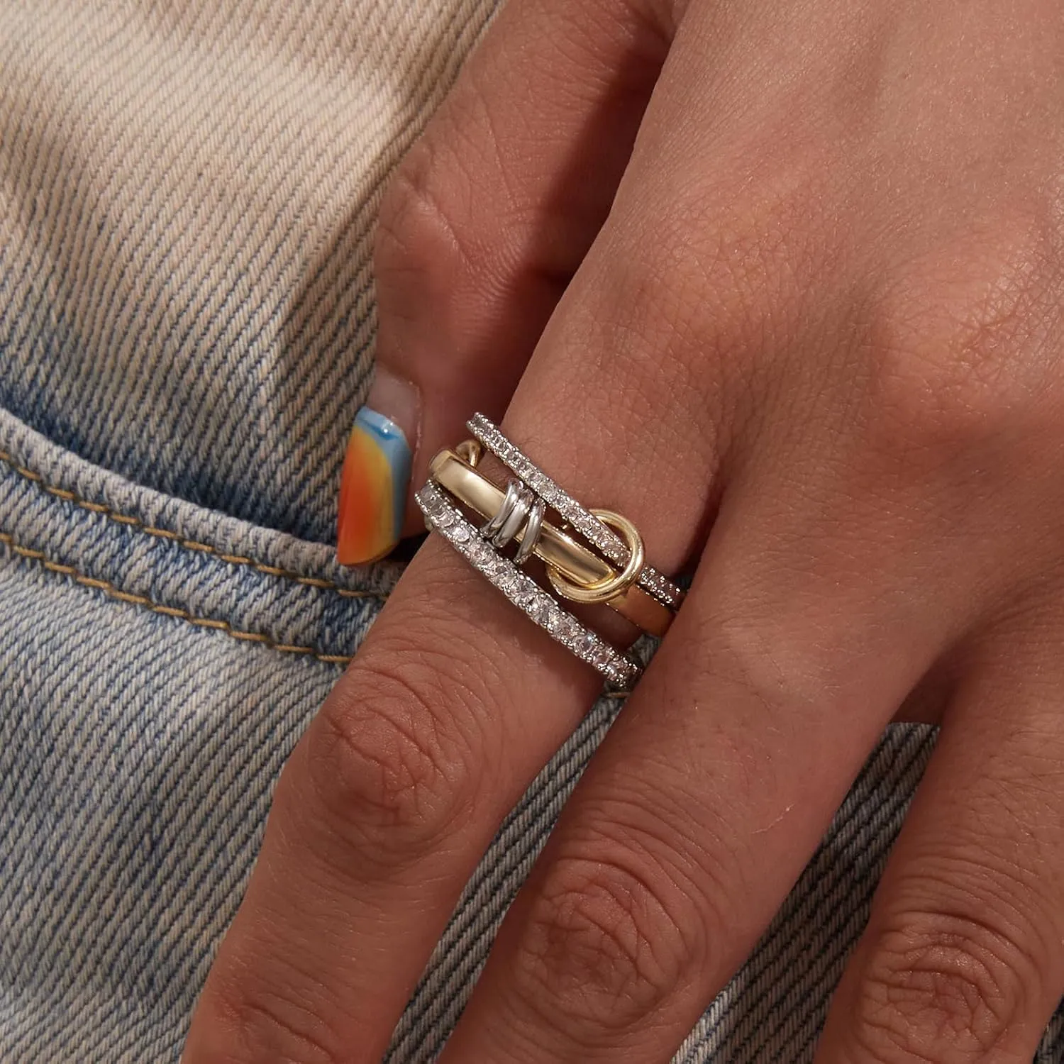 Gold Rings for Women Non Tarnish, Interlocking Stackable Rings for Women Gold, Mixed Metal Sterling Silver Tarnish Free Gold Jewelry Rings