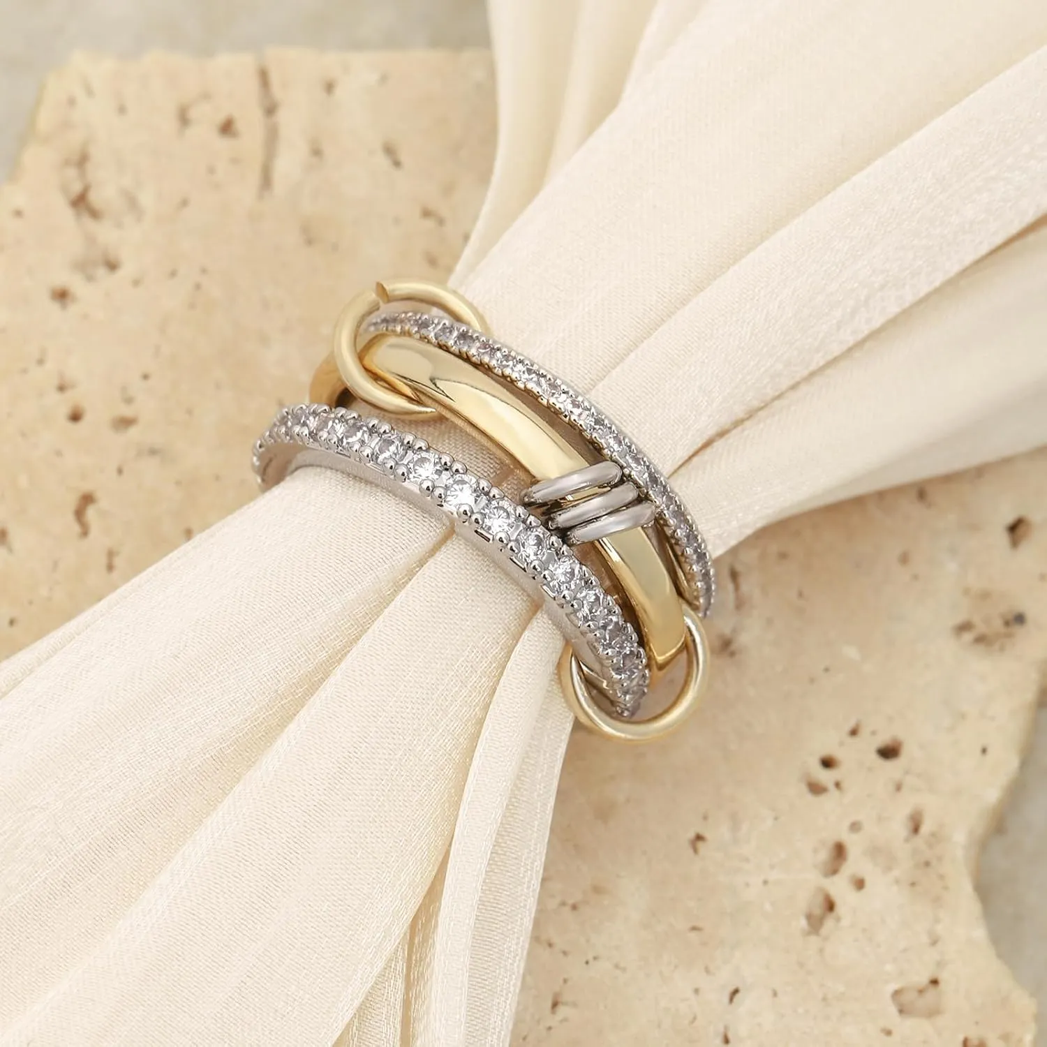 Gold Rings for Women Non Tarnish, Interlocking Stackable Rings for Women Gold, Mixed Metal Sterling Silver Tarnish Free Gold Jewelry Rings