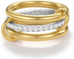 Gold Silver Stackable Rings for Women Non Tarnish, 14k Gold Plated Interlocking Stack Ring Set Chunky Cubic Zirconia CZ Multi-Link Mixed Connected Band Thumb Rings Jewelry for Attractive Design