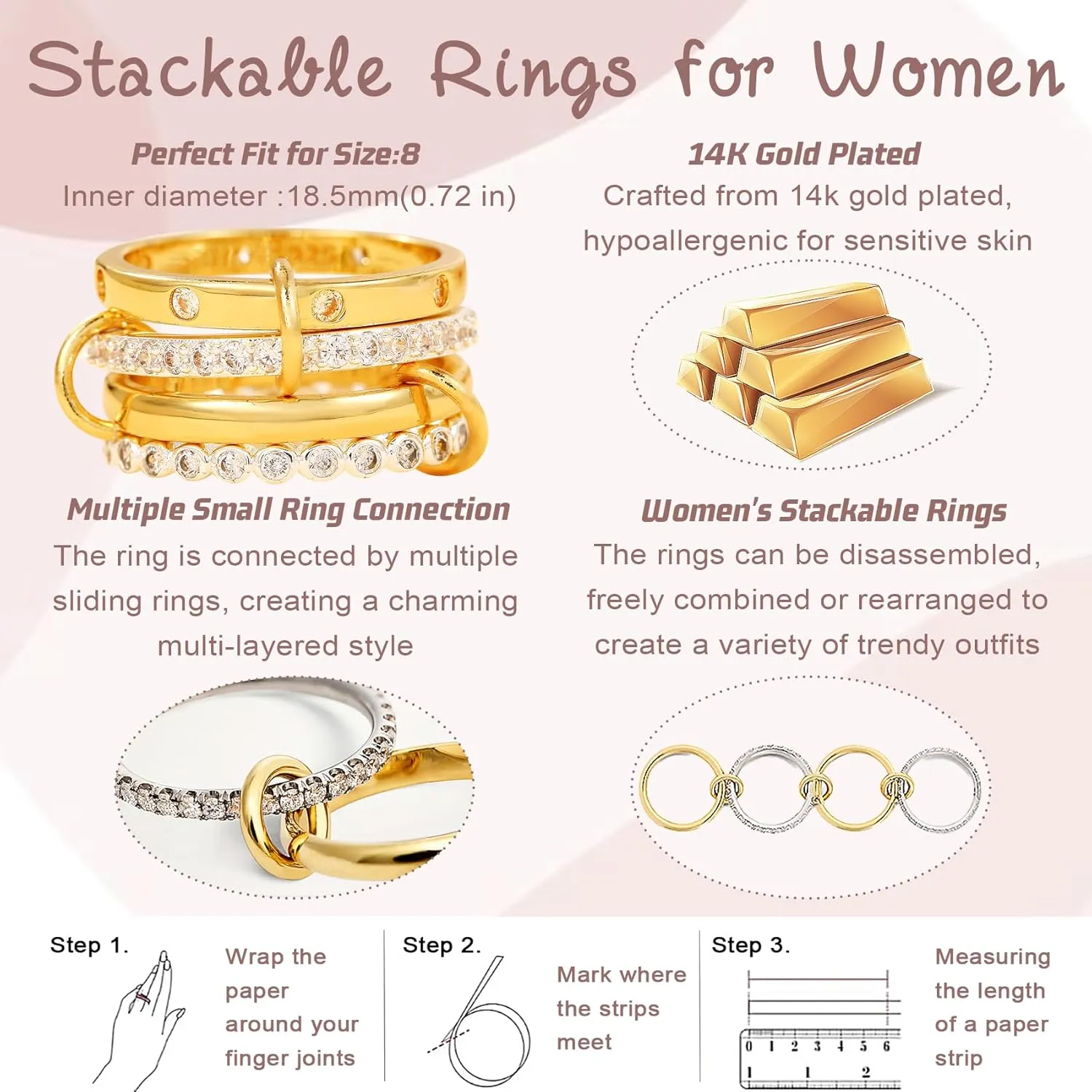 Gold Stackable Rings for Women Dainty Stackable 14K Gold Plated Cubic Zirconia Rings Non Tarnish Stackable Gold Knuckle Rings for Women Set Gifts (Size:78)