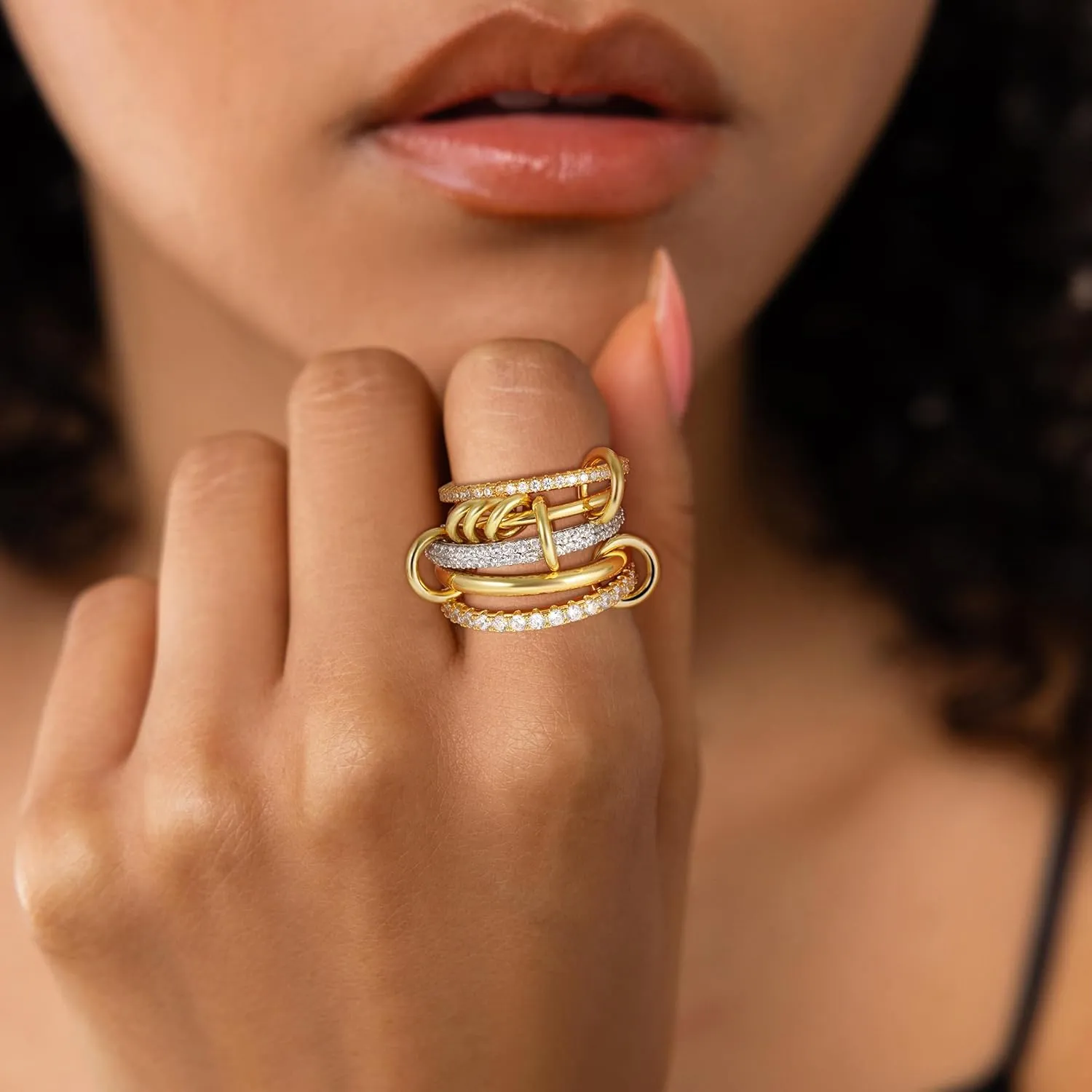 Gold Stackable Rings for Women Non Tarnish, 18K Gold Plated CZ Cubic Zircon Mixed Metals Multi Stack Rings Set Gold Jewelry