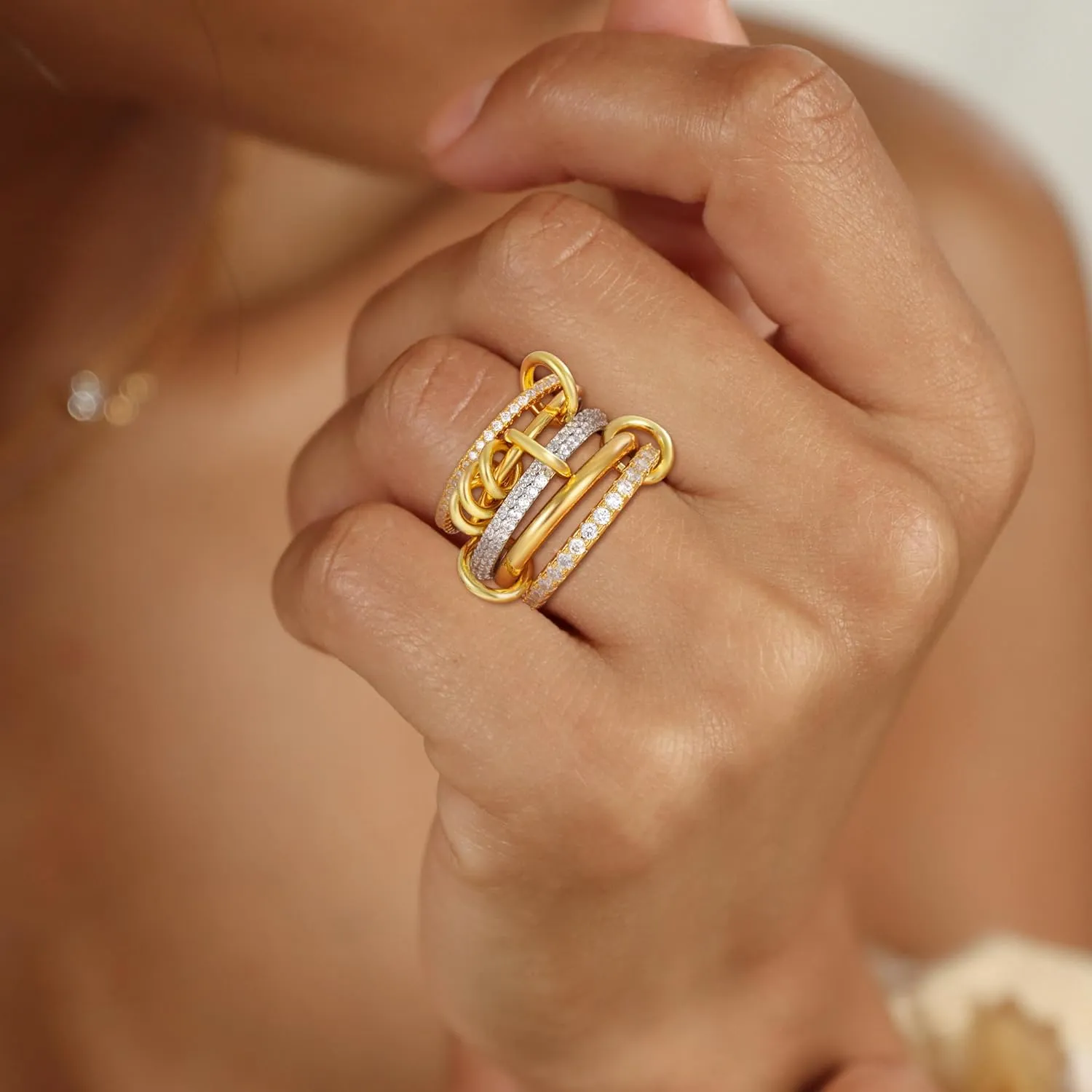 Gold Stackable Rings for Women Non Tarnish, 18K Gold Plated CZ Cubic Zircon Mixed Metals Multi Stack Rings Set Gold Jewelry