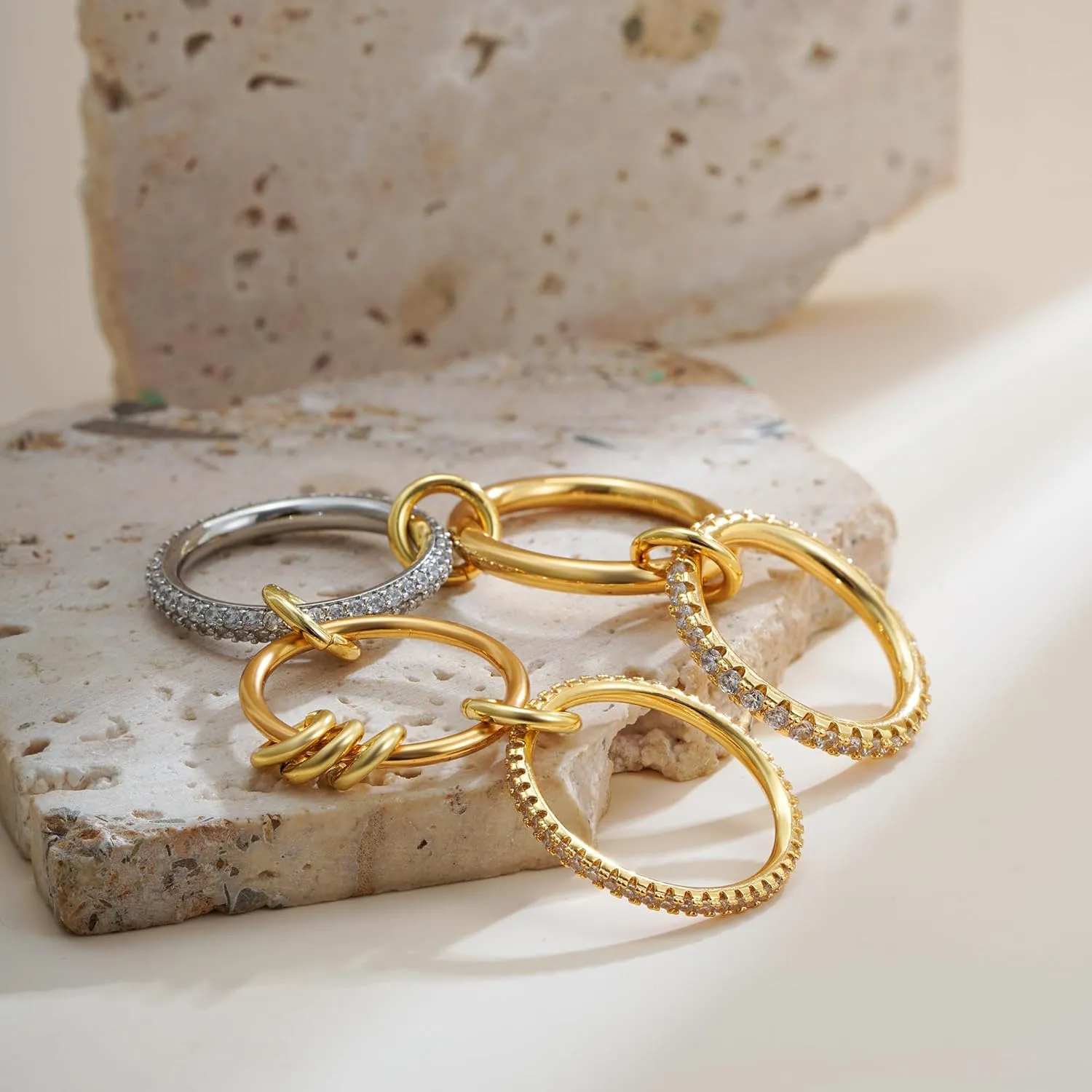 Gold Stackable Rings for Women Non Tarnish, 18K Gold Plated CZ Cubic Zircon Mixed Metals Multi Stack Rings Set Gold Jewelry