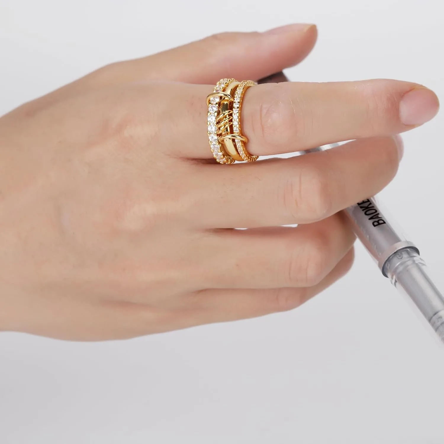 Gold Stackable Rings for Women Non Tarnish, 18K Gold Plated CZ Cubic Zirconia Rings, Golden Rings Set, Multi-Link Connected Rings