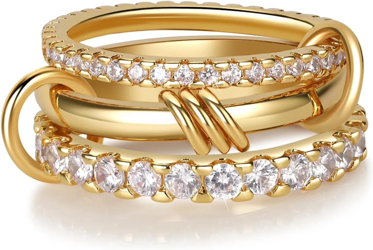 Gold Stackable Rings for Women Non Tarnish, 18K Gold Plated CZ Cubic Zirconia Rings, Golden Rings Set, Multi-Link Connected Rings