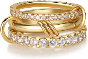 Gold Stackable Rings for Women Non Tarnish, 18K Gold Plated CZ Cubic Zirconia Rings, Golden Rings Set, Multi-Link Connected Rings