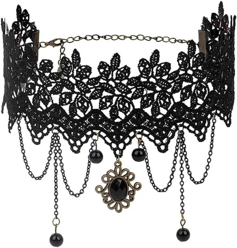 Gothic Black Lace Choker Necklace Halloween Vintage Velvet Lolita Collars Punk Classic Pendant Neck Accessory for Women