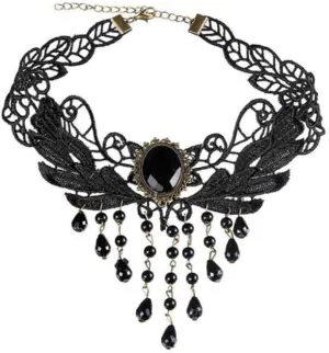 Gothic Black Lace Choker Necklace Vintage Black Crystal Tassel Collar Necklace Punk Vampire Chain Necklace Halloween Costume Jewelry Gifts