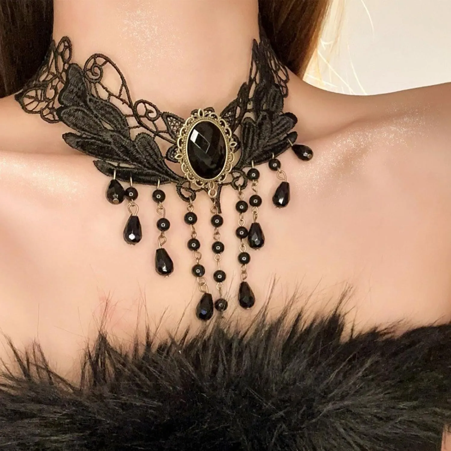 Gothic Black Lace Choker Necklace Vintage Black Crystal Tassel Collar Necklace Punk Vampire Chain Necklace Halloween Costume Jewelry Gifts