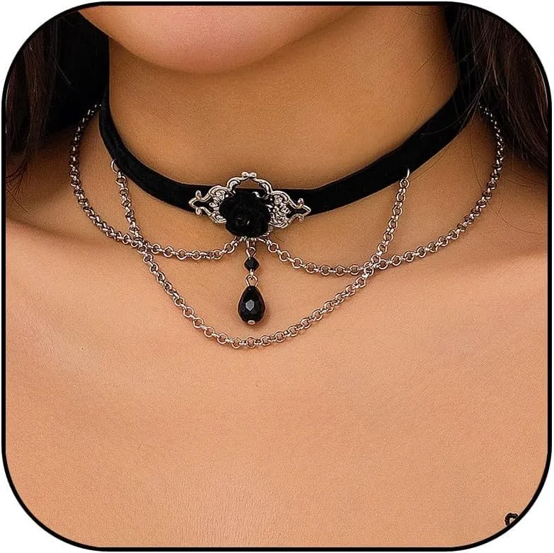 Gothic Black Lace Choker Necklace Vintage Black Crystal Tassel Collar Necklace Punk Vampire Chain Necklace Halloween Costume Jewelry Gifts