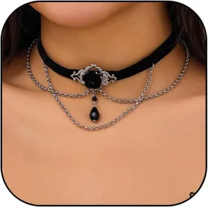 Gothic Black Lace Choker Necklace Vintage Black Crystal Tassel Collar Necklace Punk Vampire Chain Necklace Halloween Costume Jewelry Gifts