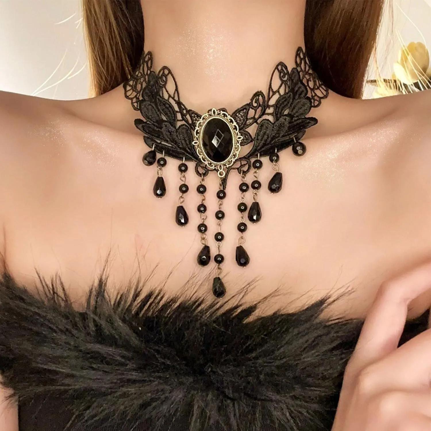 Gothic Black Lace Choker Necklace Vintage Black Crystal Tassel Collar Necklace Punk Vampire Chain Necklace Halloween Costume Jewelry Gifts