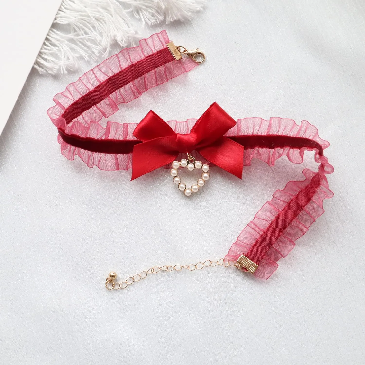 Gothic Lace Choker Necklace Hollow Heart Pendant Bow-knot Collar Necklace Elastic Lolita Costume Sexy Choker Chain for Women and Girls (Red)