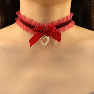 Gothic Lace Choker Necklace Hollow Heart Pendant Bow-knot Collar Necklace Elastic Lolita Costume Sexy Choker Chain for Women and Girls (Red)