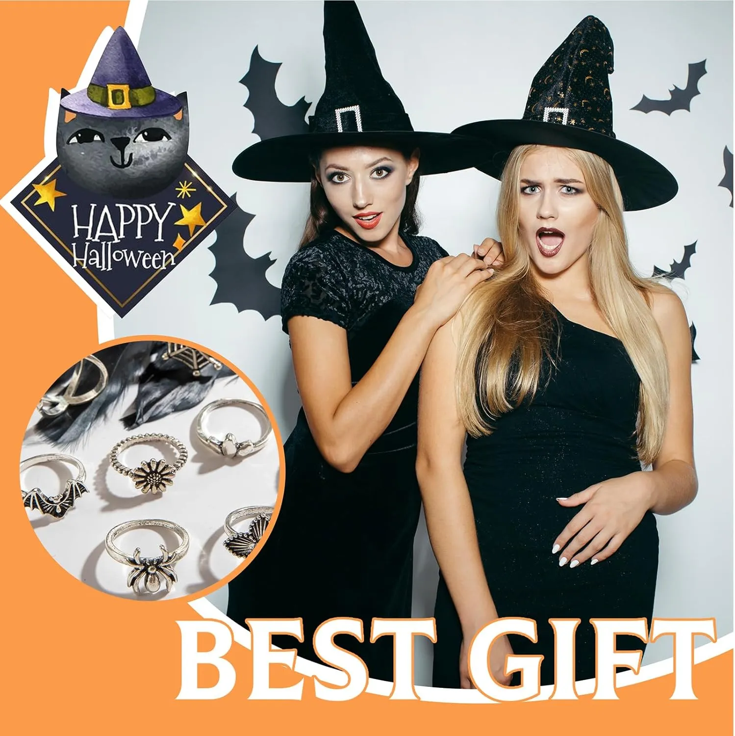 Gothic Stackable Ring Snake Knuckle Rings for Women Halloween Stacking Snake Spider Skull Heart Bat Flower Midi Ring Pack