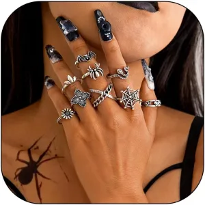Gothic Stackable Ring Snake Knuckle Rings for Women Halloween Stacking Snake Spider Skull Heart Bat Flower Midi Ring Pack