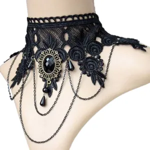 Halloween Sexy Gothic Chokers Crystal Black Lace Neck Collares Choker Necklace V