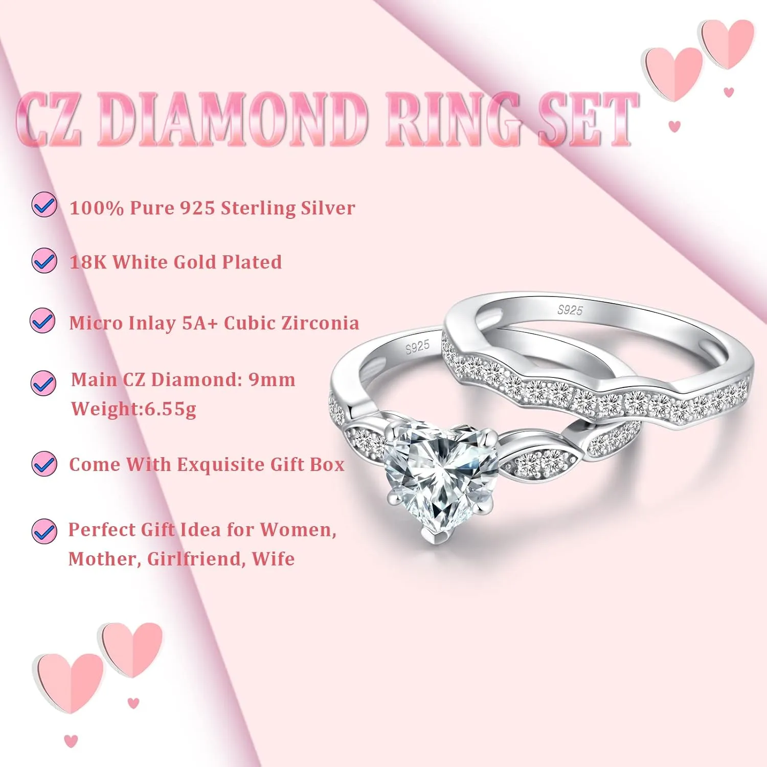 Han han 18K White Gold Plated 925 Sterling Silver Wedding Engagement Promise Eternity Ring Set for Women, Size 5-9