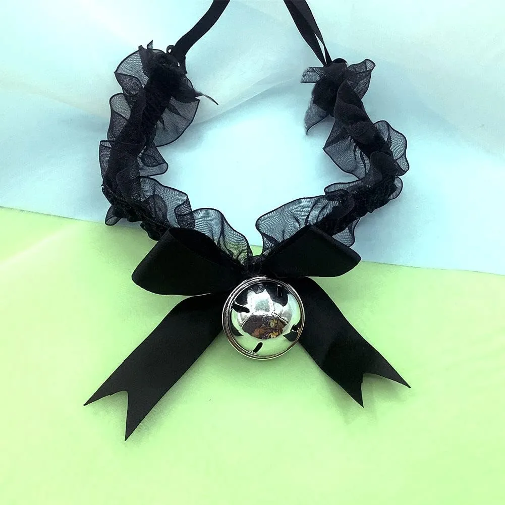 Handmade Retro Lolita Choker Black Lace Choker with Bell Bow Punk Gothic Necklace