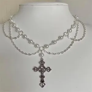 Handmade Sacred Cross Angel Wing Pearl Chokers Layered Crystal Beaded Rosary Necklace