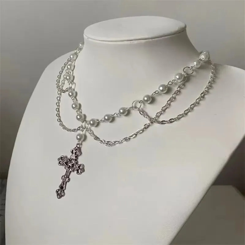Handmade Sacred Cross Angel Wing Pearl Chokers Layered Crystal Beaded Rosary Necklace