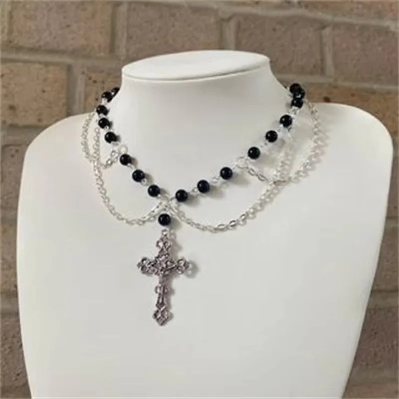Handmade Sacred Cross Angel Wing Pearl Chokers Layered Crystal Beaded Rosary Necklace