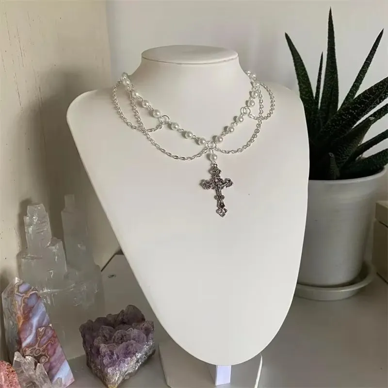 Handmade Sacred Cross Angel Wing Pearl Chokers Layered Crystal Beaded Rosary Necklace