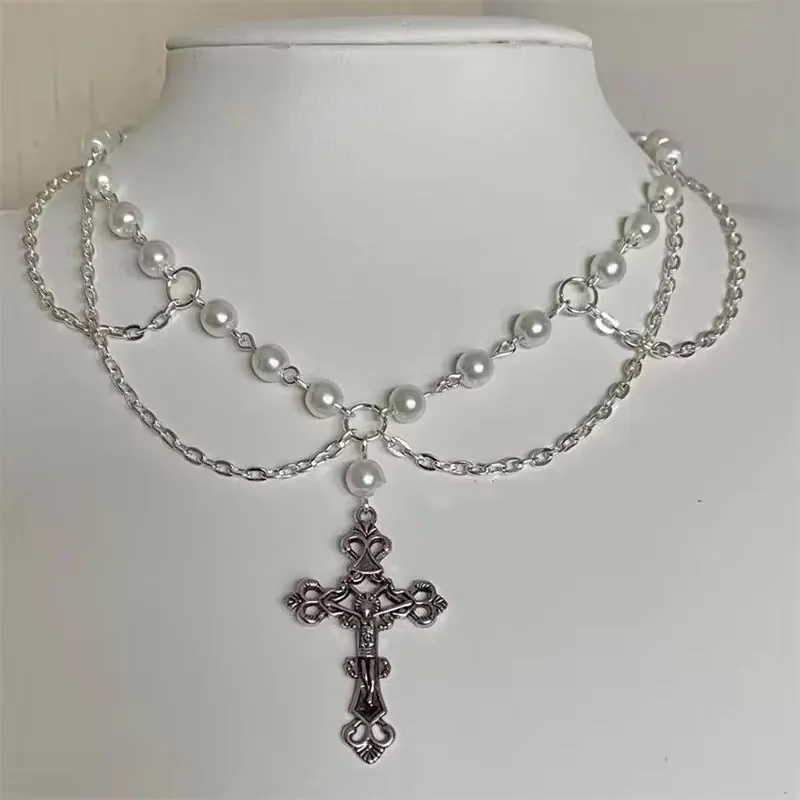 Handmade Sacred Cross Angel Wing Pearl Chokers Layered Crystal Beaded Rosary Necklace