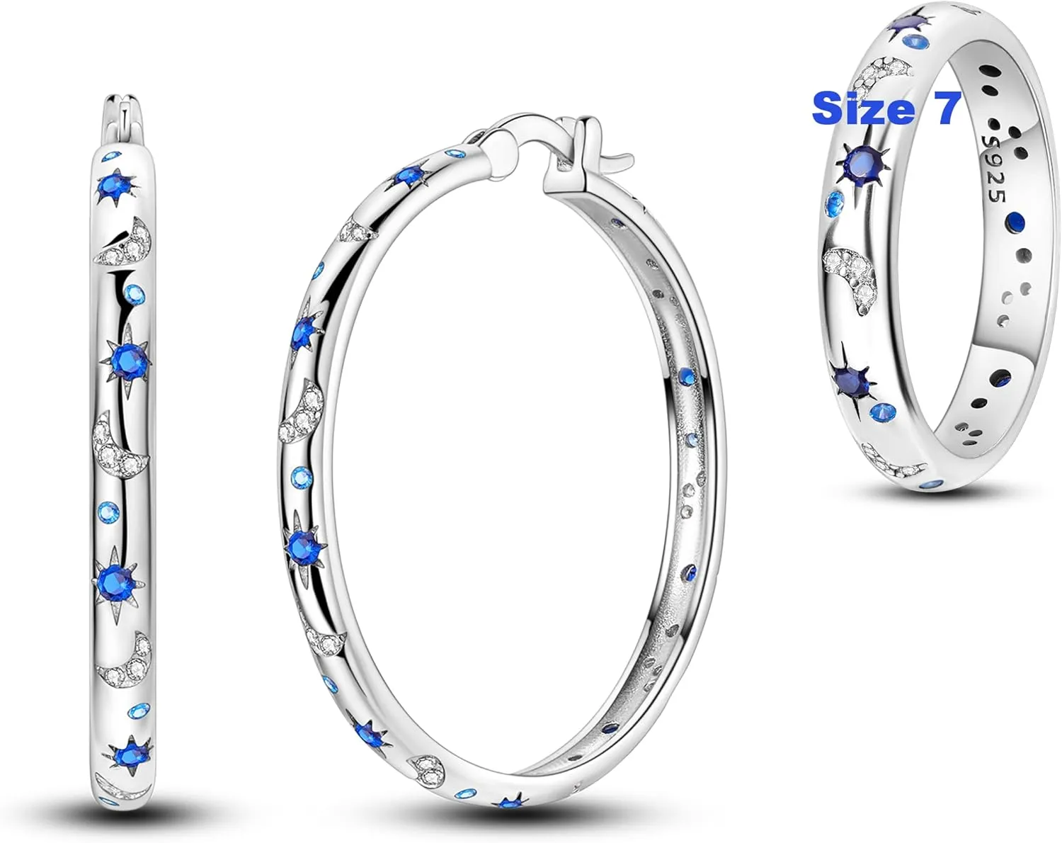 Hapour Celestial Jewelry Set, Moon Star Hoop Earrings & Ring Size 7 for Women & Teen