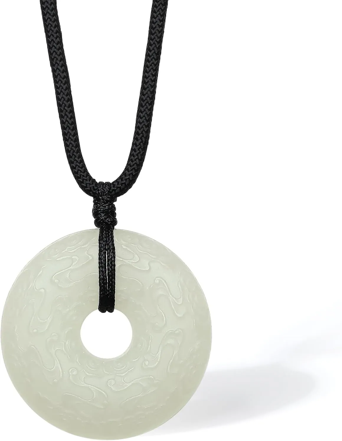 Healing Jade Pendant Necklace Green/White Round Peace Buckle Pendants Nephrite Natural Gemstone Necklaces for Women Men Adjustable Braided Black Rope 25.6-29.5"(65-75cm)