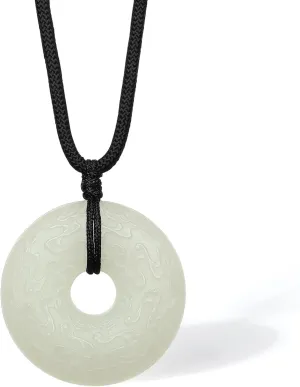 Healing Jade Pendant Necklace Green/White Round Peace Buckle Pendants Nephrite Natural Gemstone Necklaces for Women Men Adjustable Braided Black Rope 25.6-29.5"(65-75cm)