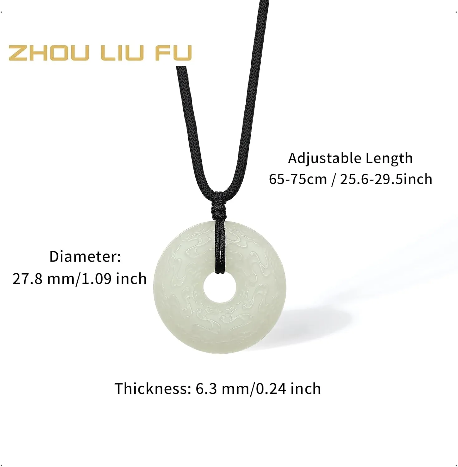 Healing Jade Pendant Necklace Green/White Round Peace Buckle Pendants Nephrite Natural Gemstone Necklaces for Women Men Adjustable Braided Black Rope 25.6-29.5"(65-75cm)