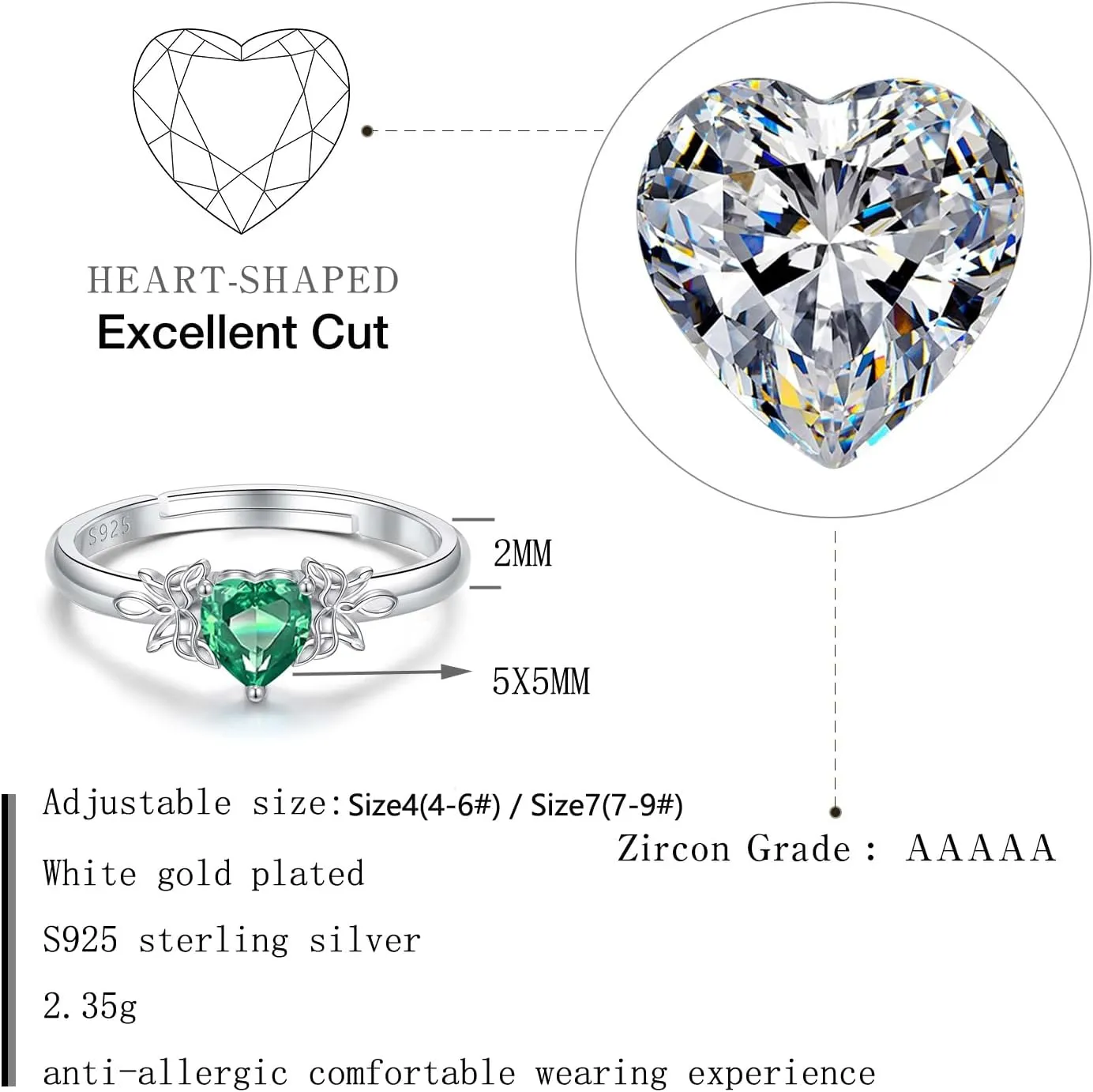 Heart Birthstone Rings for Women: 925 Sterling Silver Adjustable Butterfly Birthstone Ring - Heart Birthstone Promise Band Rings Size 4-9 Jewelry Gifts for Birthday Christmas Mother`s Day
