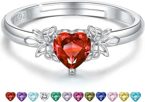 Heart Birthstone Rings for Women: 925 Sterling Silver Adjustable Butterfly Birthstone Ring - Heart Birthstone Promise Band Rings Size 4-9 Jewelry Gifts for Birthday Christmas Mother`s Day