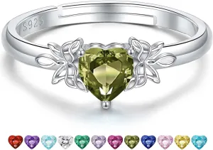Heart Birthstone Rings for Women: 925 Sterling Silver Adjustable Butterfly Birthstone Ring - Heart Birthstone Promise Band Rings Size 4-9 Jewelry Gifts for Birthday Christmas Mother`s Day