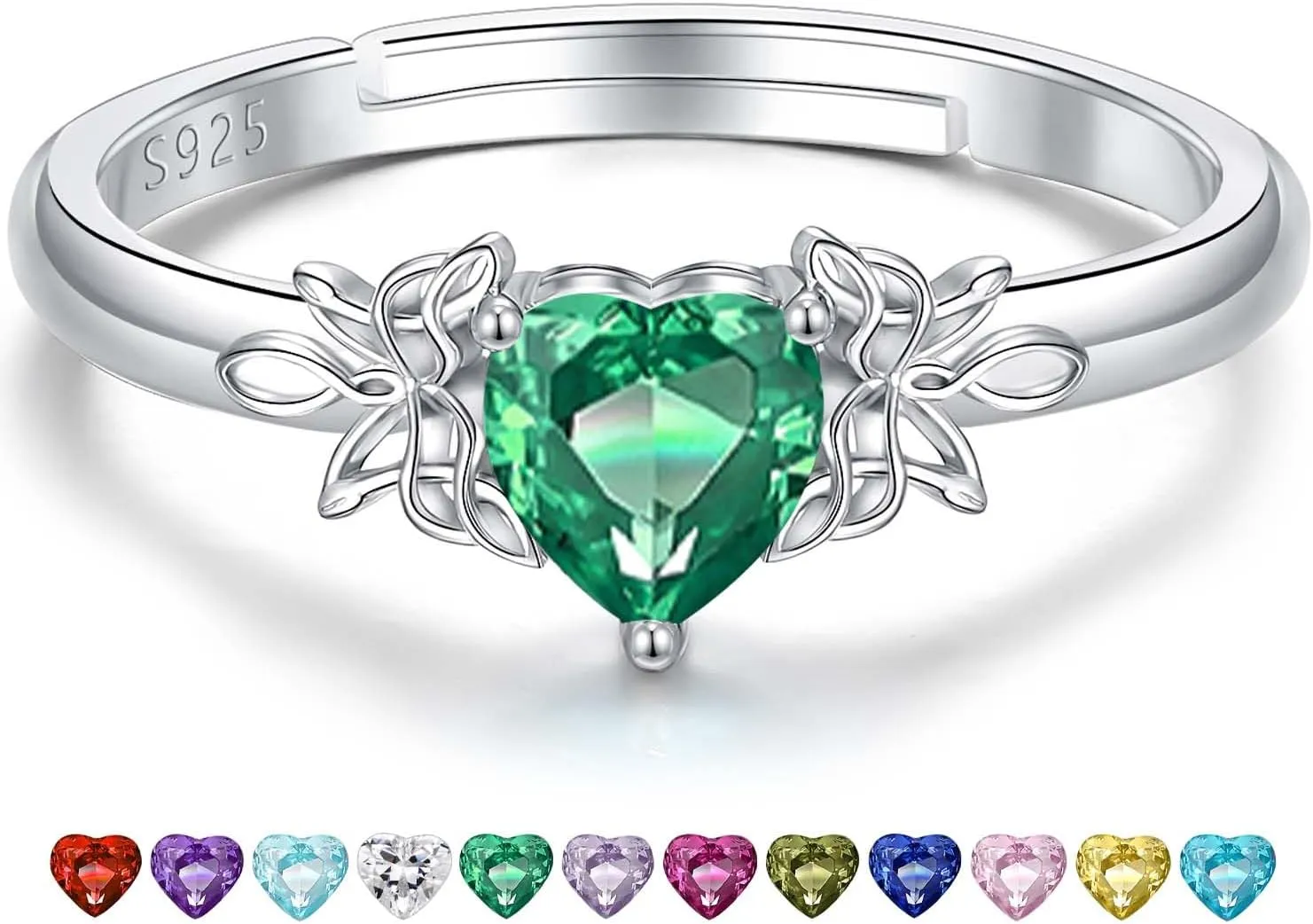 Heart Birthstone Rings for Women: 925 Sterling Silver Adjustable Butterfly Birthstone Ring - Heart Birthstone Promise Band Rings Size 4-9 Jewelry Gifts for Birthday Christmas Mother`s Day