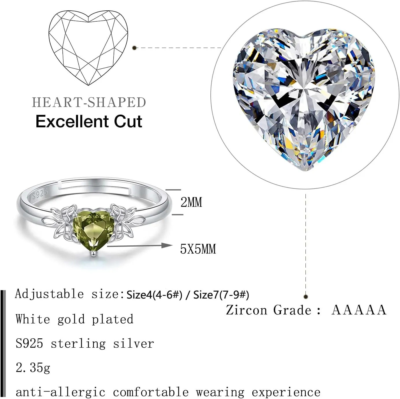 Heart Birthstone Rings for Women: 925 Sterling Silver Adjustable Butterfly Birthstone Ring - Heart Birthstone Promise Band Rings Size 4-9 Jewelry Gifts for Birthday Christmas Mother`s Day