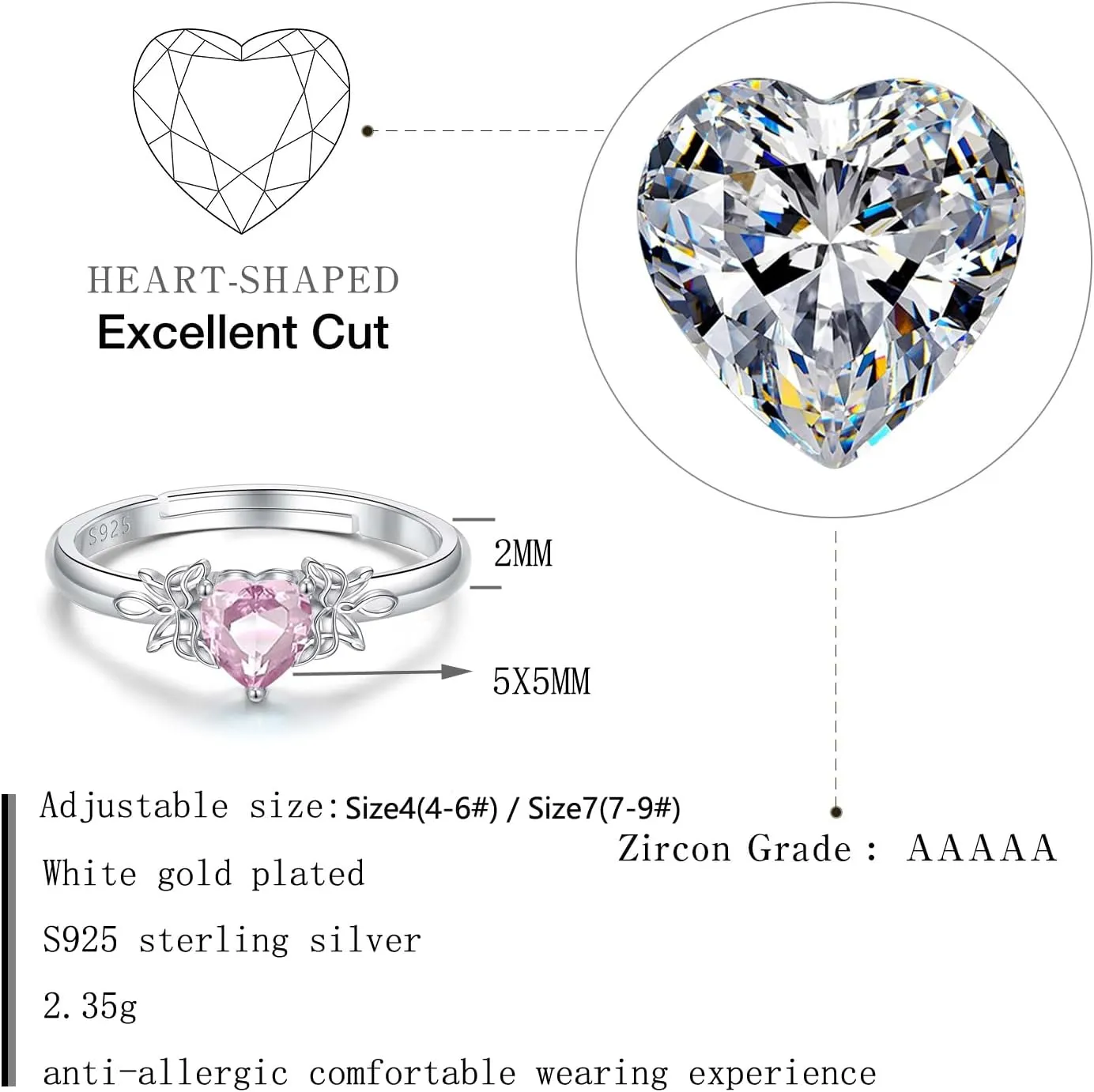 Heart Birthstone Rings for Women: 925 Sterling Silver Adjustable Butterfly Birthstone Ring - Heart Birthstone Promise Band Rings Size 4-9 Jewelry Gifts for Birthday Christmas Mother`s Day