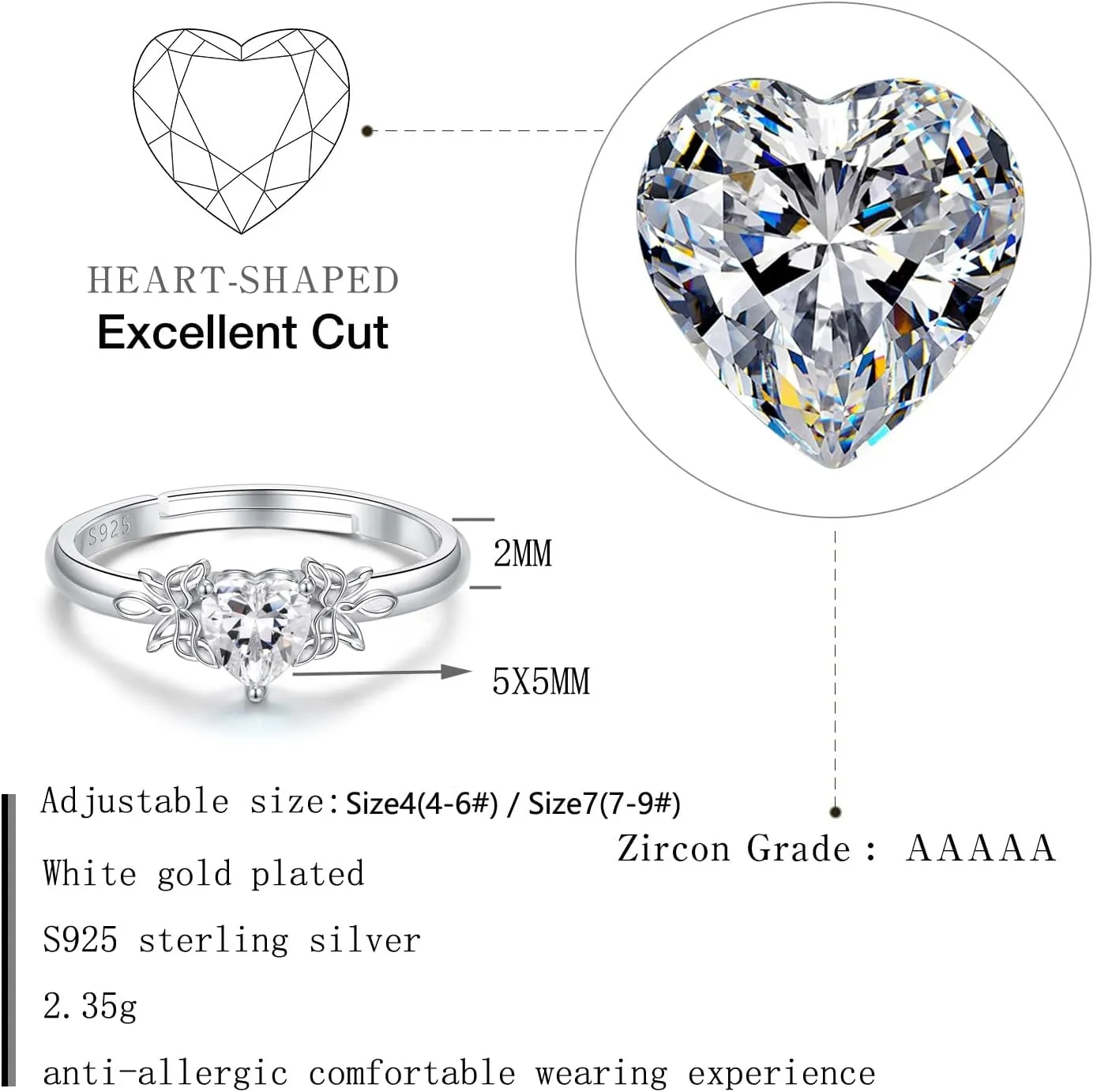 Heart Birthstone Rings for Women: 925 Sterling Silver Adjustable Butterfly Birthstone Ring - Heart Birthstone Promise Band Rings Size 4-9 Jewelry Gifts for Birthday Christmas Mother`s Day