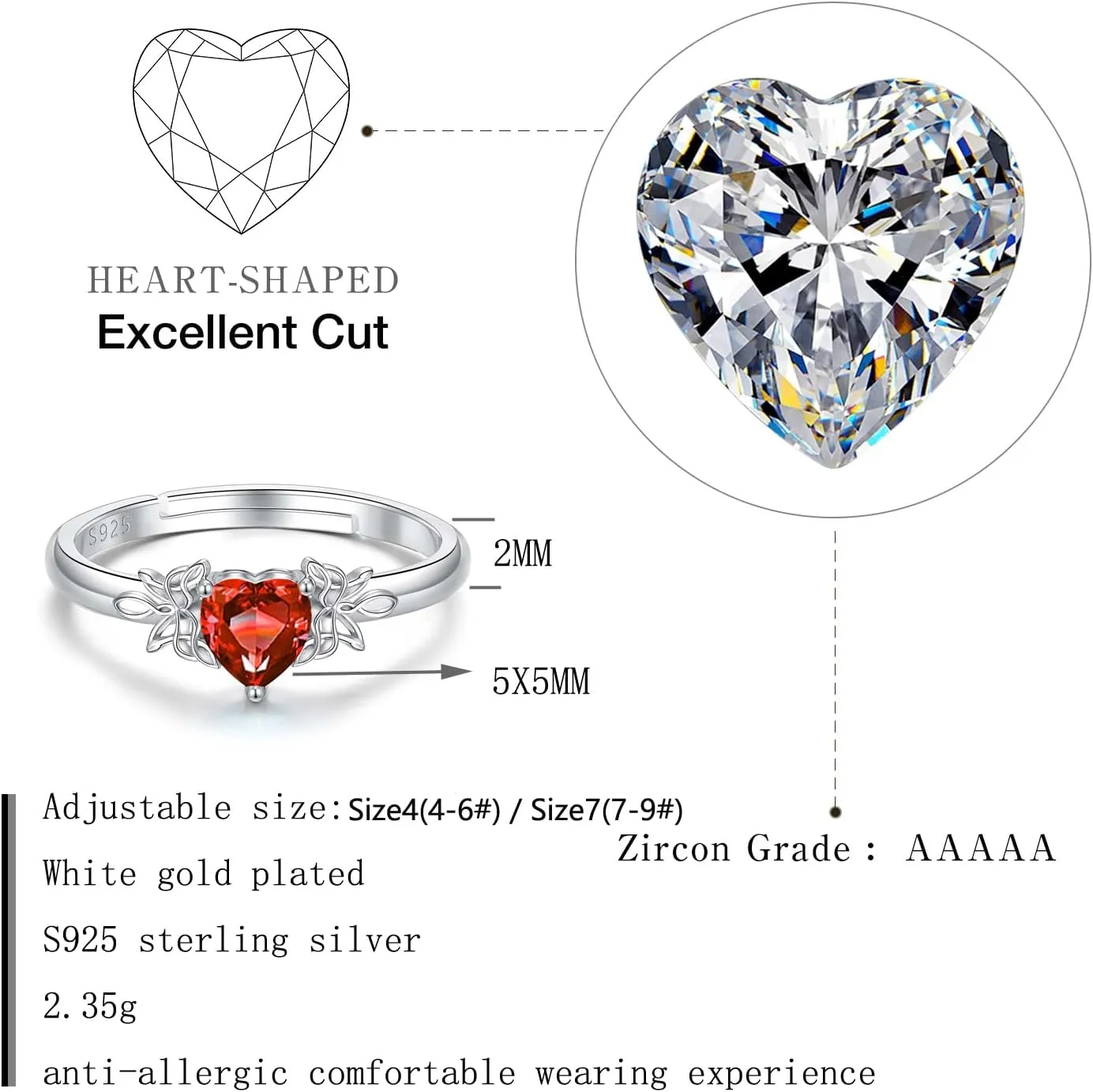 Heart Birthstone Rings for Women: 925 Sterling Silver Adjustable Butterfly Birthstone Ring - Heart Birthstone Promise Band Rings Size 4-9 Jewelry Gifts for Birthday Christmas Mother`s Day