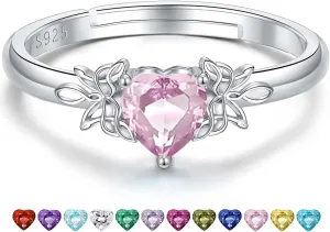 Heart Birthstone Rings for Women: 925 Sterling Silver Adjustable Butterfly Birthstone Ring - Heart Birthstone Promise Band Rings Size 4-9 Jewelry Gifts for Birthday Christmas Mother`s Day