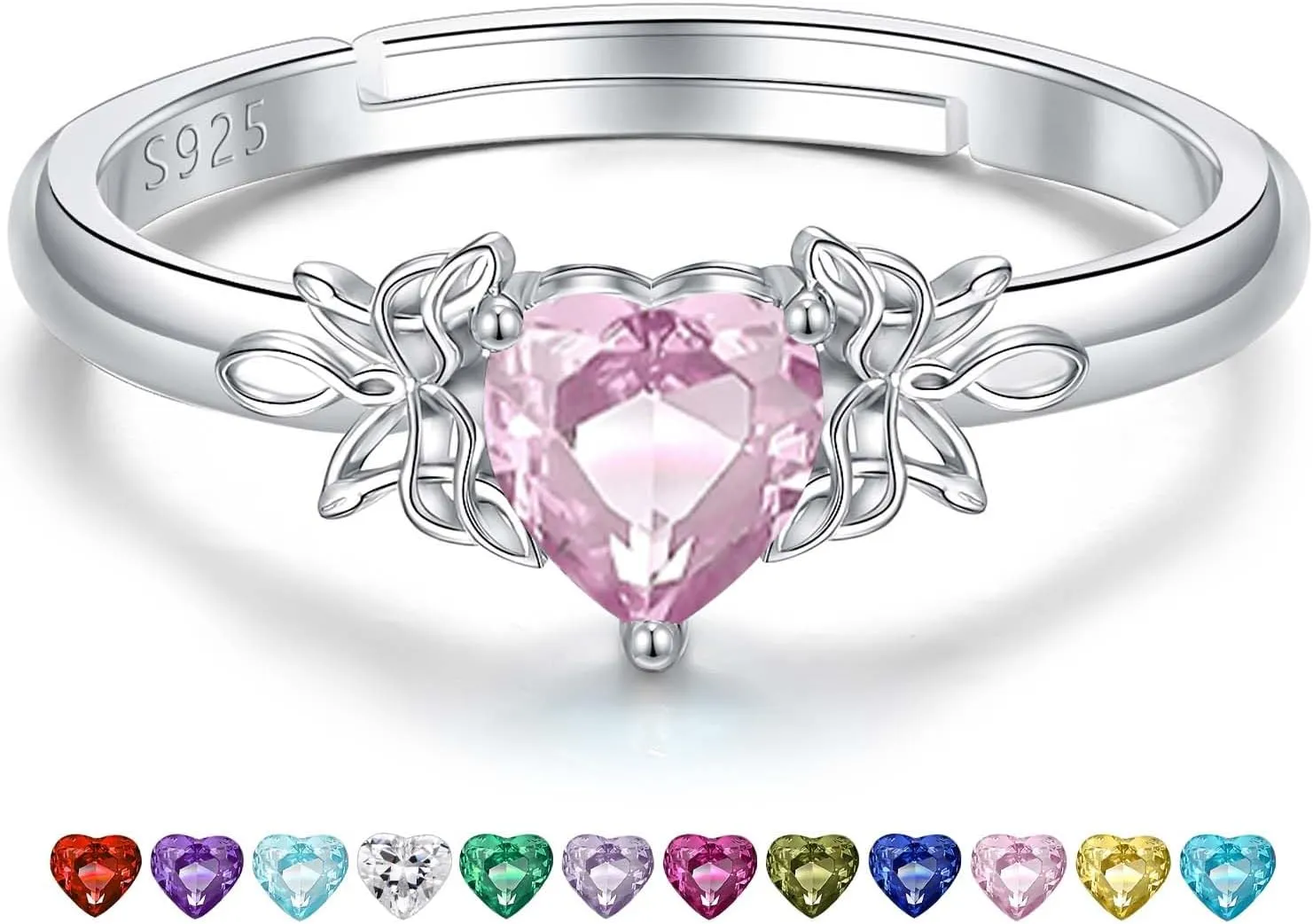 Heart Birthstone Rings for Women: 925 Sterling Silver Adjustable Butterfly Birthstone Ring - Heart Birthstone Promise Band Rings Size 4-9 Jewelry Gifts for Birthday Christmas Mother`s Day