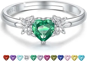 Heart Birthstone Rings for Women: 925 Sterling Silver Adjustable Butterfly Birthstone Ring - Heart Birthstone Promise Band Rings Size 4-9 Jewelry Gifts for Birthday Christmas Mother`s Day