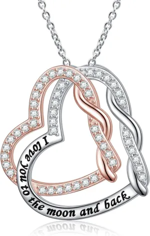 Heart Necklace 925 Sterling Silver Double Heart Necklace for women I Love You to the Moon and Back Jewelry Mom and Daughter Gift for Mom Mothers Day Birthday Present