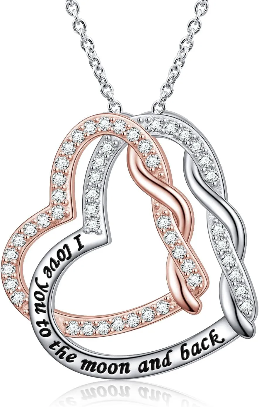 Heart Necklace 925 Sterling Silver Double Heart Necklace for women I Love You to the Moon and Back Jewelry Mom and Daughter Gift for Mom Mothers Day Birthday Present