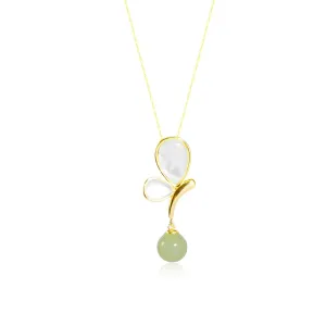 Hetian Jade Round Bead Necklace, Natural Green Jade & White Butterfly Charm, Adjustable Choker Necklaces, Good Luck Gift for Friends, Christmas Gifts (925 Sterling Silver with Gold Plated)
