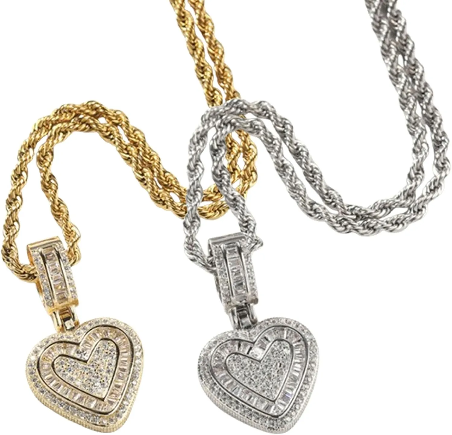 Hip Hop Heart Necklace for Women and Men, Charm Choker Necklace, Plated with Zircons Inlaid Pendants, Valentine's Day Gifts